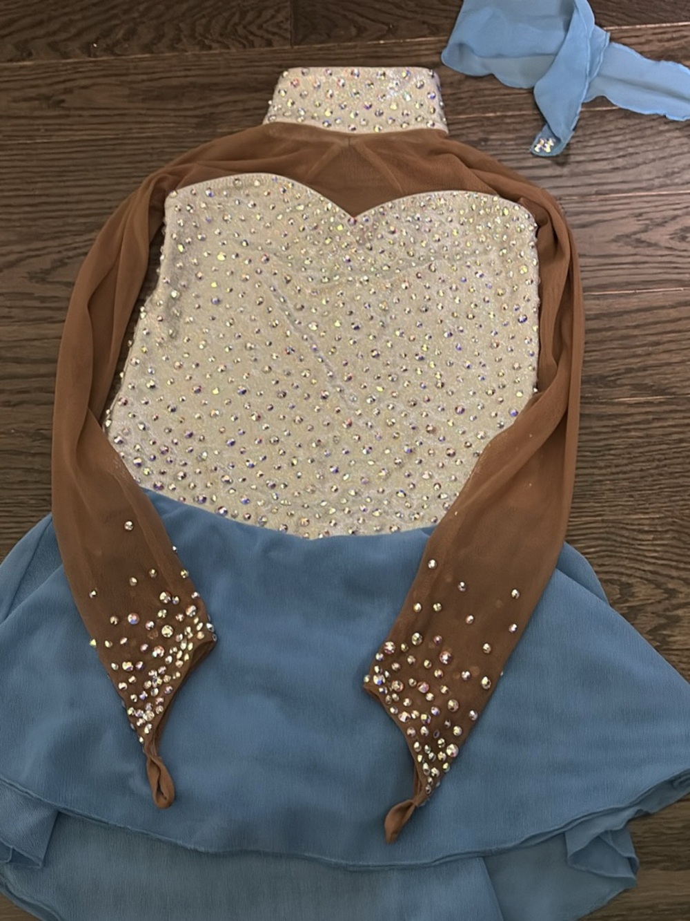 Girls figure skating dress with Swarovski crystal Bodice and Blue Skirt